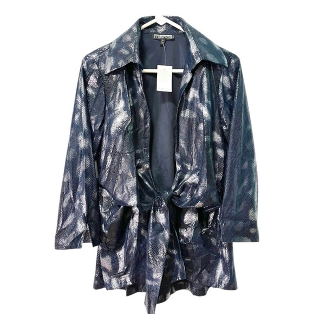 NEW‎ Mishca M Navy Blue Tie Front Jacket Metallic Snakeskin Print Glam Mob Wife